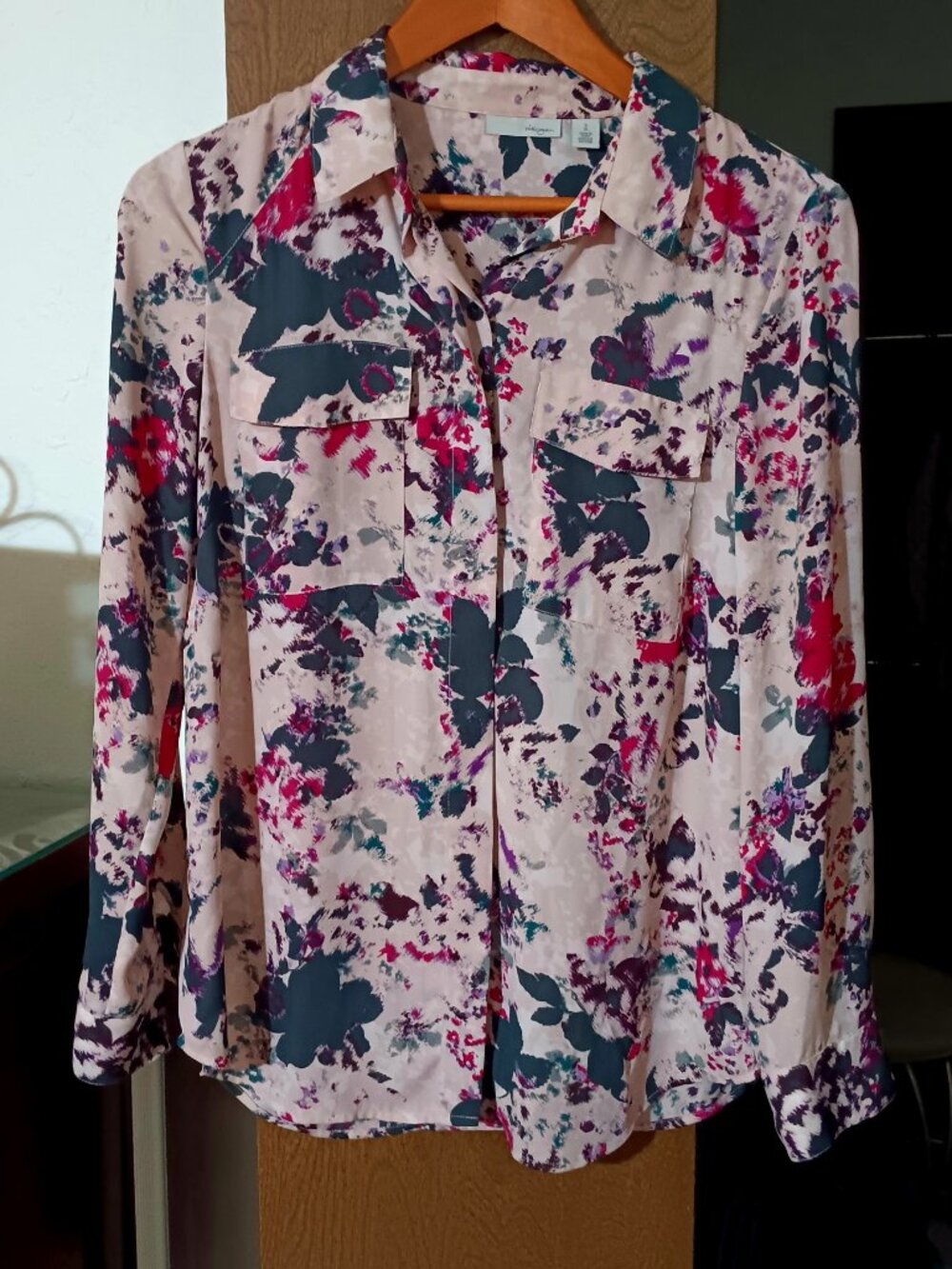 HALOGEN Womens Pink & Black Abstract Floral Button Down Blouse Long Sleeve Size